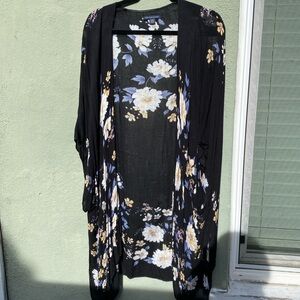 Floral Black Kimono Cardigan Beach Coverup Sarong